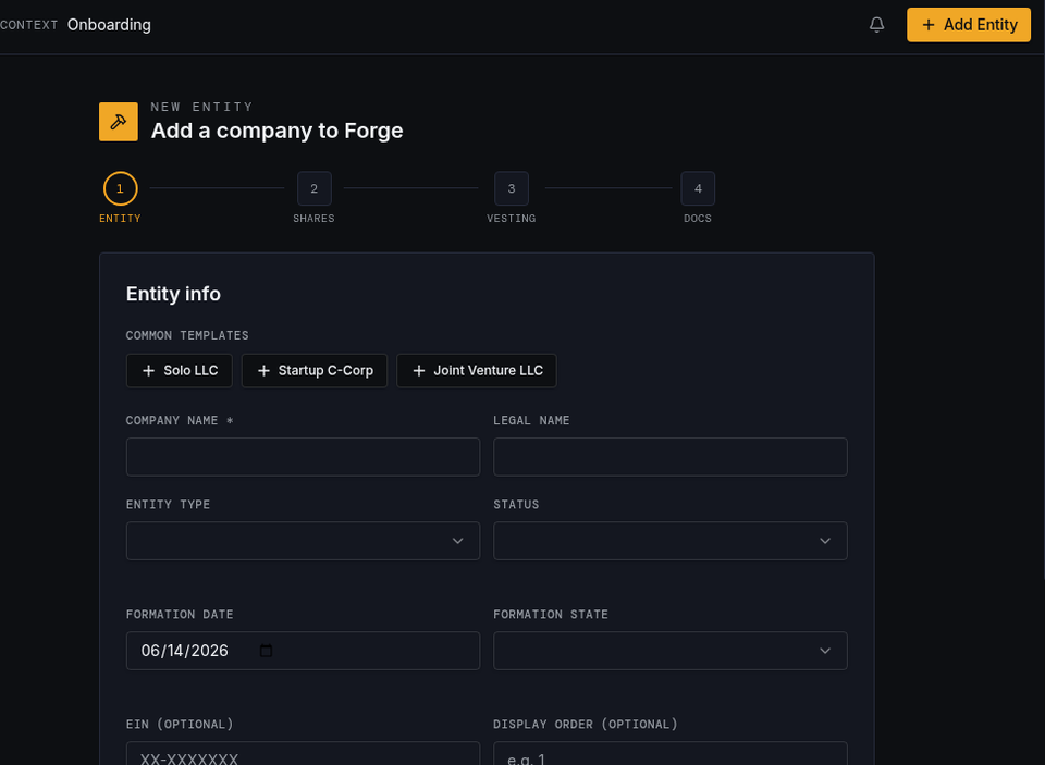 Forge entity setup form — pick LLC, C-Corp, or fund and add incorporation details